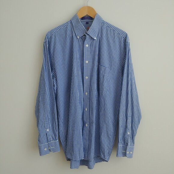 Alan Flusser Mens Large 100% cotton blue white checked button down shirt - Picture 3 of 16